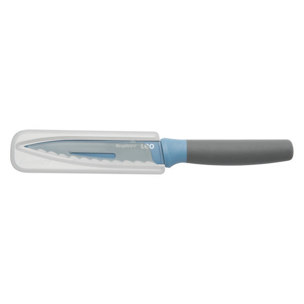 Leo Line gekarteld mes 11,5 cm met beschermhoes blauw