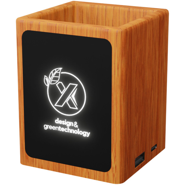 SCX.design O12 houten potloodhouder met oplichtend logo en dubbele USB-uitgang - Hout