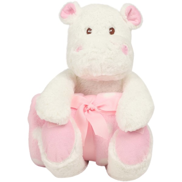 WHITE HIPPO WITH PRINTED FLEECE BLANKET White / Pink One Size