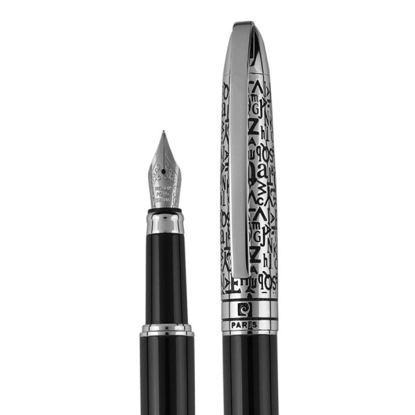 PC JACQUES vulpen met schrijfpunt maat M pen voorzien van koper met zwarte houder, zilverkleurige toplaag en een opvallende gravering blauwschrijvend