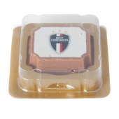 Logobonbon van puur/melk chocolade met hazelnoot praline, rechthoekig of rond, met wit plaatje met opdruk tot in full colour, per stuk verpakt Logobonbon van puur/melk chocolade met hazelnoot praline, rechthoekig of rond, met wit plaatje met opdruk tot in full colour, per stuk verpakt