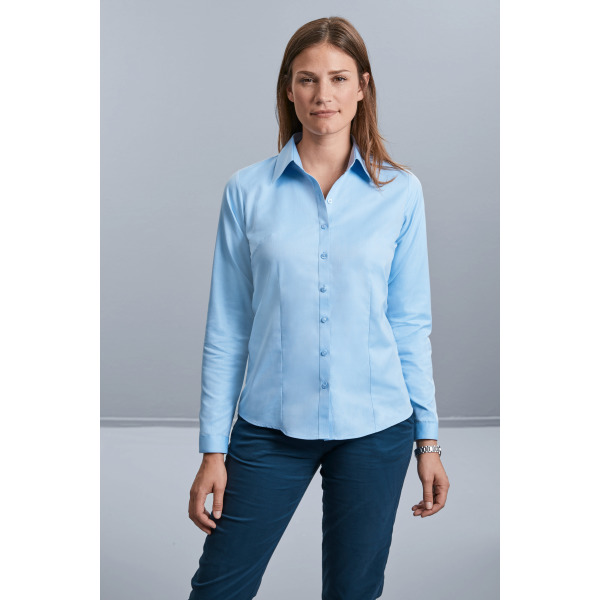 Ladies Long Sleeve Herringbone Shirt Light Blue XS