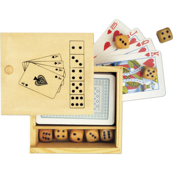 Bella houten doos met spellenset dobbelstenen en kaarten