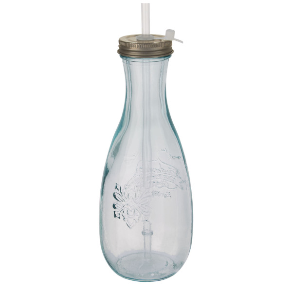 Recycled glass bottle with straw