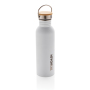 Modern stainless steel bottle with bamboo lid, white