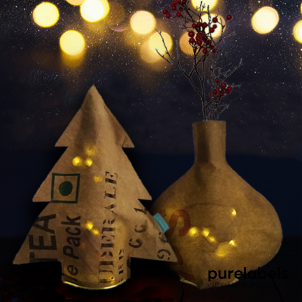 Duurzaam relatiegeschenk bottle sleeve van gerecyclede theezakken | kerstbal of kerstboom