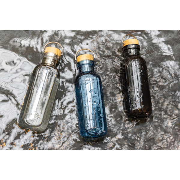 GRS recycled PET fles met bamboe deksel en handvat, blauw