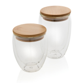 Dubbelwandig borosilicaatglas met bamboe deksel 350ml set, transparant