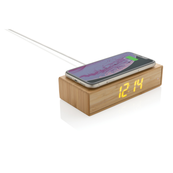 Bamboo alarm clock with 5W wireless charger, brown
