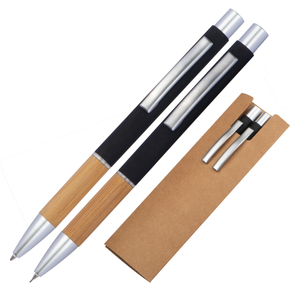 Aluminium wrting set with pen and pencil with bamboo gripzone