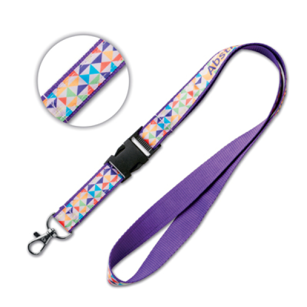 Polyester lanyard with sublimated satin overlay and detachable buckle