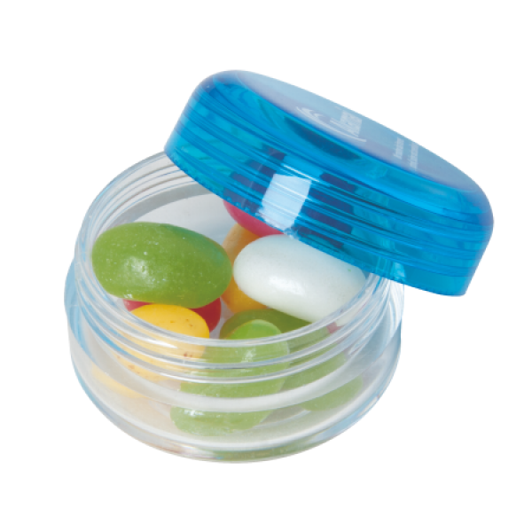 Kunststof rond potje met gekleurd deksel en ca. 12 gr. jelly beans DIGITAAL tot full colour