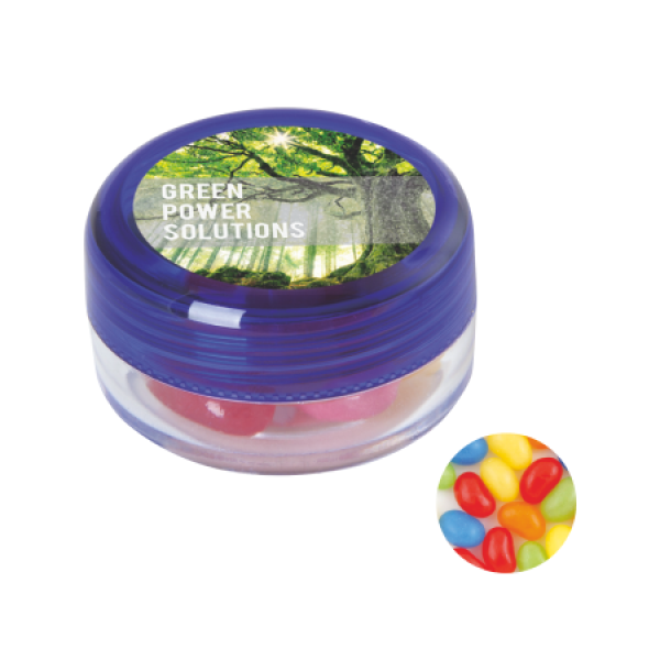 Kunststof rond potje met gekleurd deksel en ca. 12 gr. jelly beans DIGITAAL tot full colour Kunststof rond potje met gekleurd deksel en ca. 12 gr. jelly beans DIGITAAL tot full colour