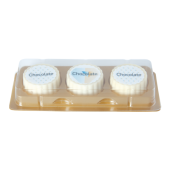 Logobonbon van witte chocolade met hazelnoot praline, rechthoekig of rond, met opdruk tot in full colour, per 3 stuks verpakt Logobonbon van witte chocolade met hazelnoot praline, rechthoekig of rond, met opdruk tot in full colour, per 3 stuks verpakt