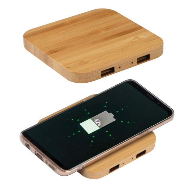 Wireless charger van bamboe met 2 USB-Hubs