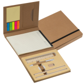Schrijfmap met kartonnen kaft, lineal,schrijfblok en zelfklevende memoblaadjes