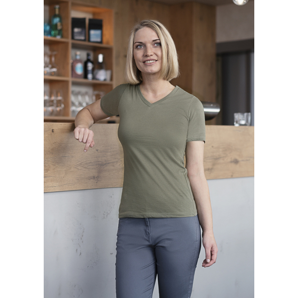 Ladies' Workwear T-Shirt Casual-Flair, from Sustainable Material , 51% GRS Certified Recycled Polyester / 46% Conventional Cotton / 3% Conventional Elastane