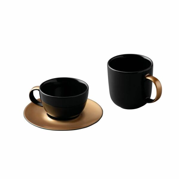 BergHOFF GEM 3Pc Coffee And Tea Set, Mug, Cup & Saucer, Black & Gold