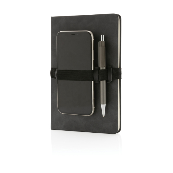 Deluxe hardcover PU A5 notitieboek met telefoon-/penhouder, grijs