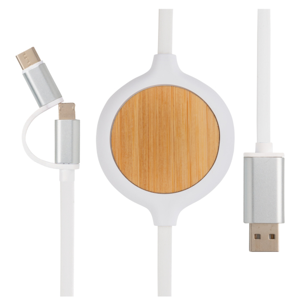 3-in-1 cable with 5W bamboo wireless charger, white