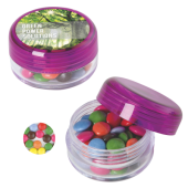 Kunststof rond potje gekleurd deksel met ca. 12 gr. choco carletties DIGITAAL tot in full colour Kunststof rond potje gekleurd deksel met ca. 12 gr. choco carletties DIGITAAL tot in full colour