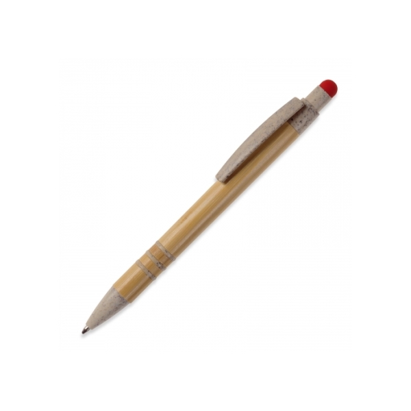 Balpen bamboe en tarwestro met stylus - Beige / Rood